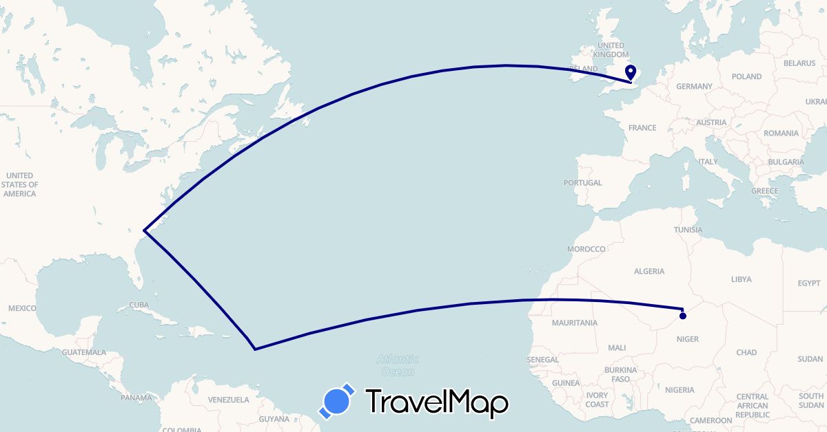 TravelMap itinerary: driving in Algeria, France, United Kingdom, Niger, Netherlands, United States (Africa, Europe, North America)